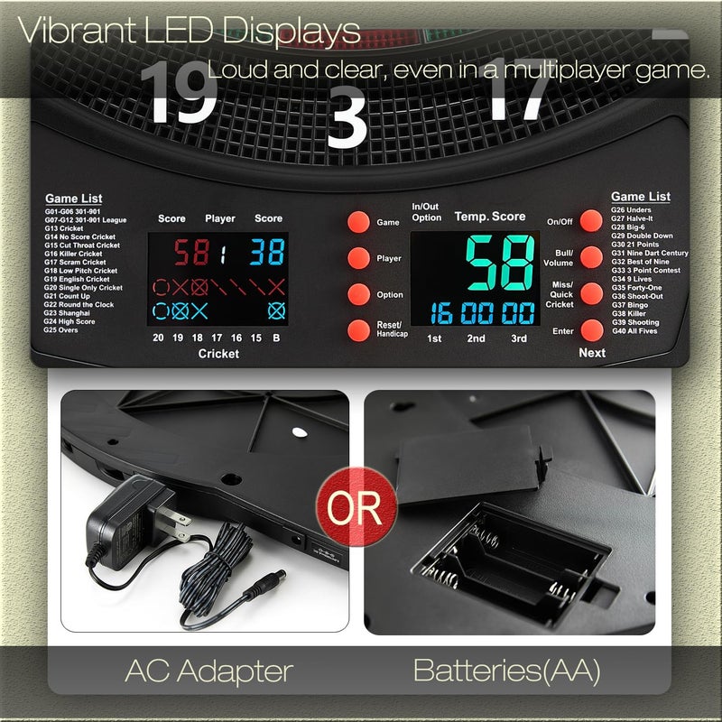 Sydora Electronic Dartboard Set with Colorful LED Displays, Soft Tip Cricket Dart Board AC & Batteries - Including 6 Darts, 130 Tips,6 Integrated Dart Tail, 2.5m Extended Power Adapter - Image 3
